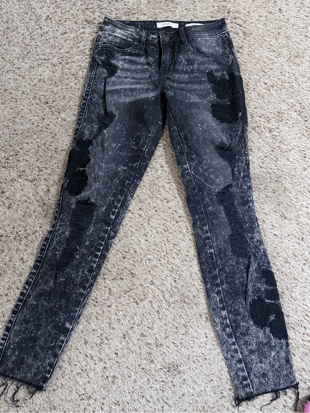 Guess ‘Sexy Curve’ Distressed Acid Wash Skinny Jeans with Floral Embroidery